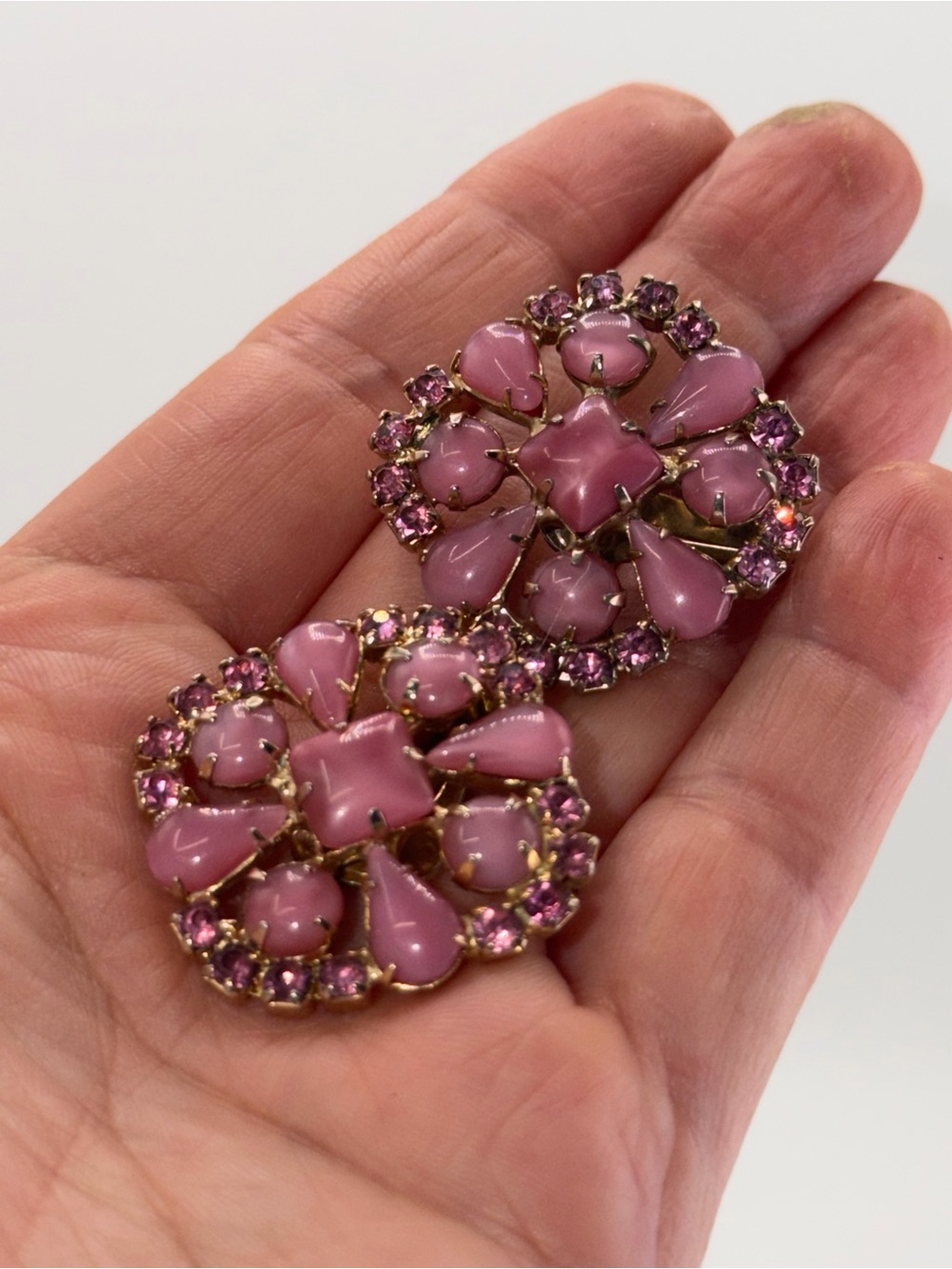 Vintage Pink Glass and Crystal Floral Statement Earrings